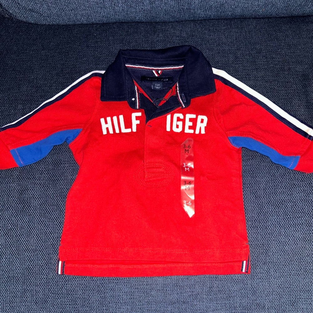 Tommy Hilfiger long sleeve collared shirt red white and blue 3-6 months boys NWT